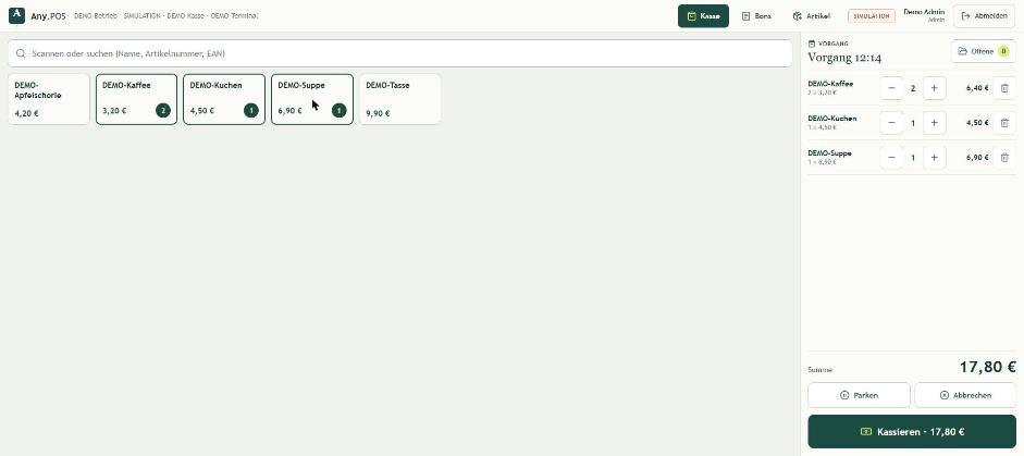 Kassenbildschirm von Any.POS mit Artikelkacheln und offenem Vorgang